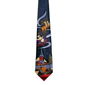 Christmas Necktie Blue Santa Sleigh Reindeer Church Tie Serafino